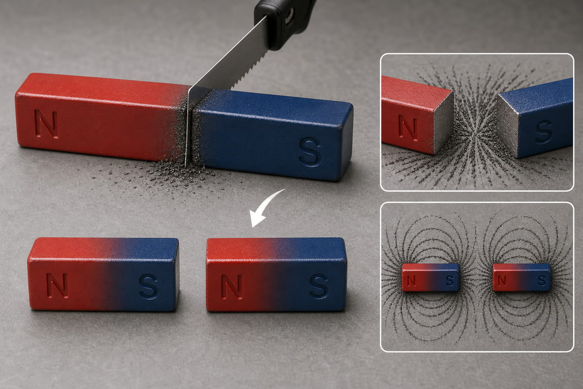 Cosa succede se si taglia a metà una barra magnetica? 4 Tagliando a metà una barra magnetica, ciascuna metà diventa un magnete più piccolo dotato sia di polo nord che di polo sud