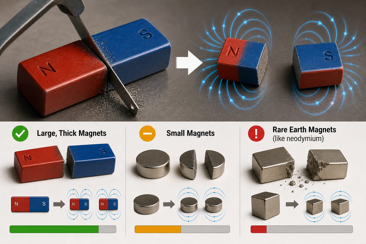 Cosa succede se si taglia a metà una barra magnetica? 7 Dopo aver tagliato un magnete, ogni singolo pezzo risulterà leggermente meno potente dell’originale