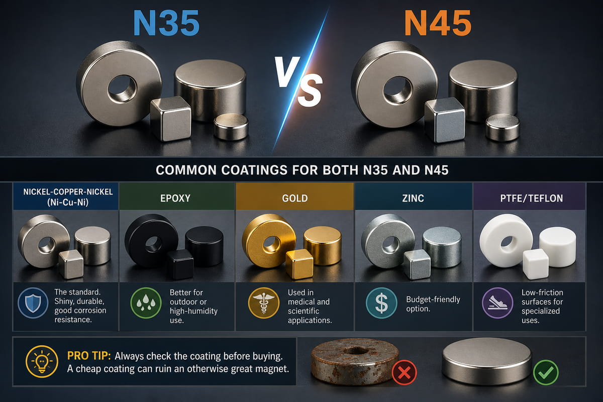 Magneti N35 e N45: confronto tra potenza, temperatura, prezzo e quando utilizzarli 8 Rivestimenti per magneti N35 e N45
