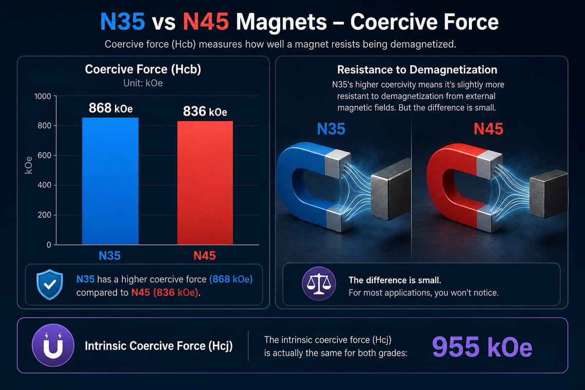 Magneti N35 e N45: confronto tra potenza, temperatura, prezzo e quando utilizzarli 7 Magneti N35 e N45: forza coercitiva