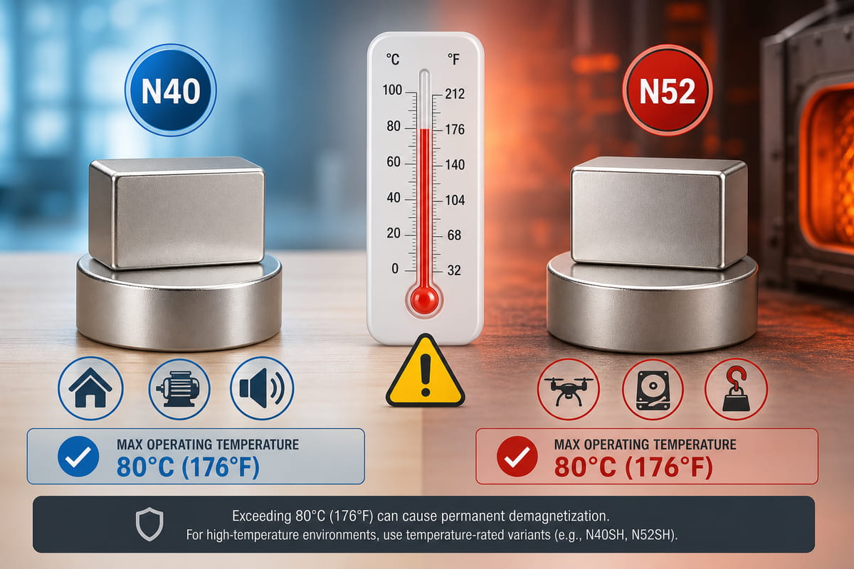 Magneti N40 vs N52: potenza, costo e quale grado scegliere 6 Temperatura dei magneti N40 e N52