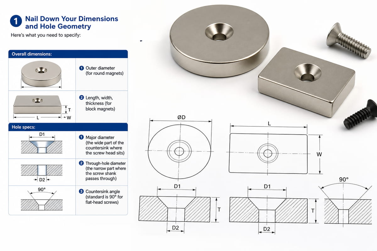 Come personalizzare i magneti al neodimio a testa svasata per progetti OEM? 4 Definisci con precisione le dimensioni e la geometria dei fori