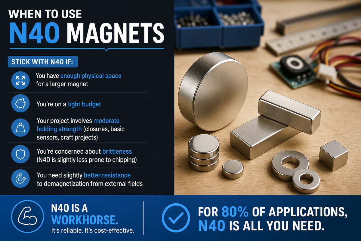 Magneti N40 vs N52: potenza, costo e quale grado scegliere 9 Quando utilizzare i magneti N40