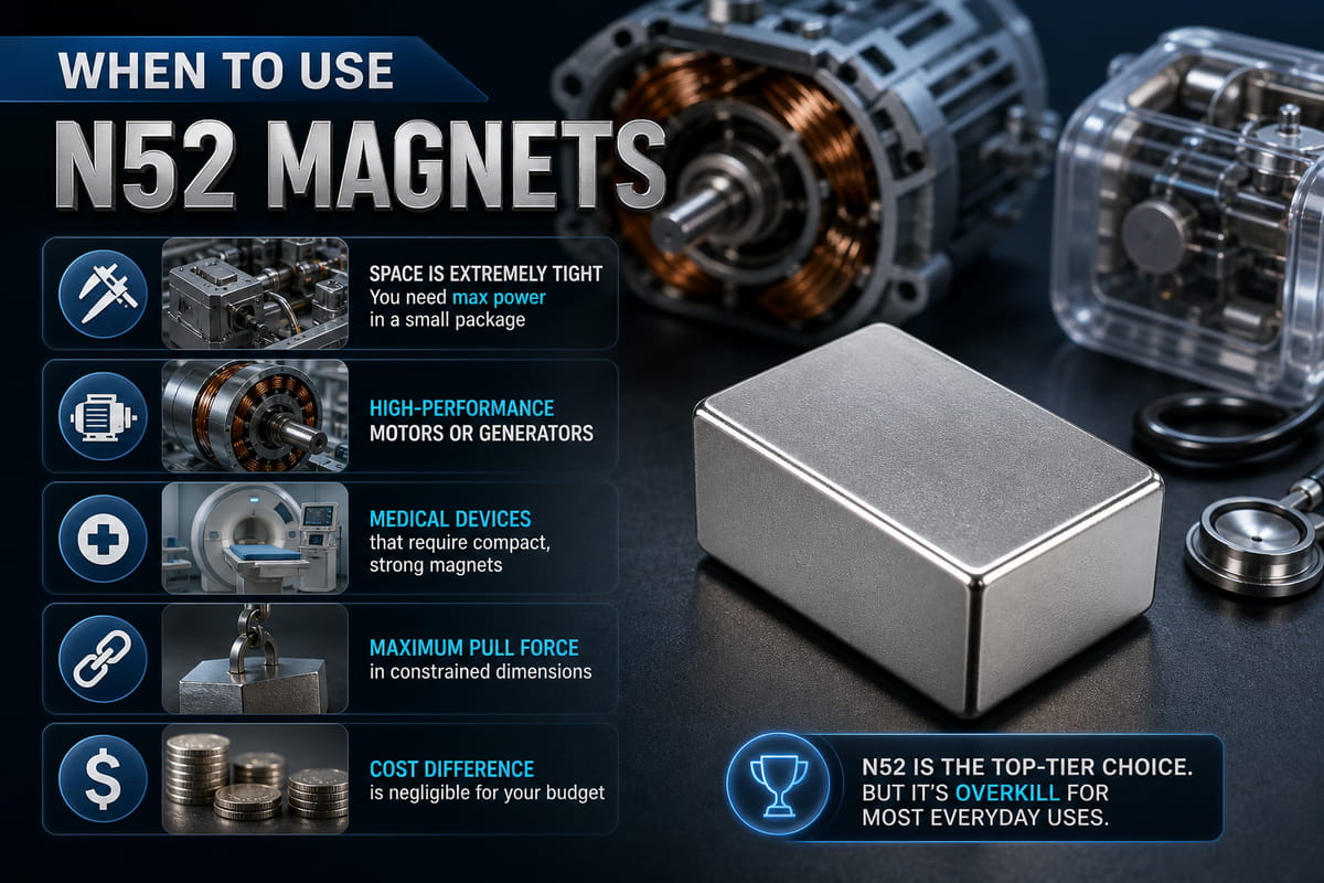 Magneti N40 vs N52: potenza, costo e quale grado scegliere 10 Quando utilizzare i magneti N52